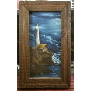 Vintage Lighthouse On Cliff Oil Painting On Board Signed Carol Keller '90